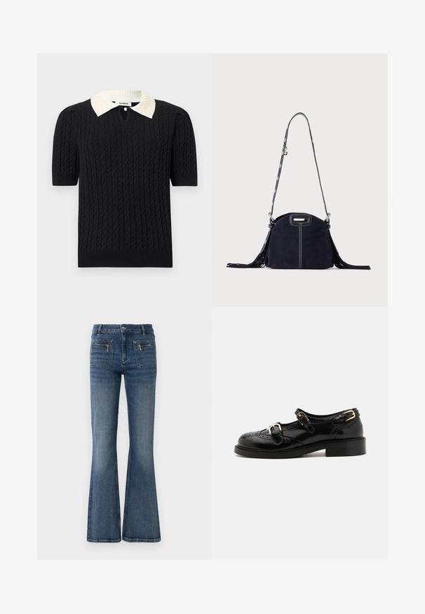 Haut noir en maille à manches courtes avec motif torsadé, doté d'un col pointu blanc orné de perles et d'une petite ouverture frontale avec bouton.; Jeans en denim bleu évasés avec une taille mi-haute, dotés de poches avant et arrière et d'un léger délavage.; Chaussures en cuir noir avec détails de brogue, dotées de deux sangles à boucle, d'un bout arrondi et d'un talon bas. Texture lisse avec finition brillante.; Sac à main en daim bleu foncé avec des coutures blanches, une poignée découpée, une bandoulière à motif et de longues franges des deux côtés.