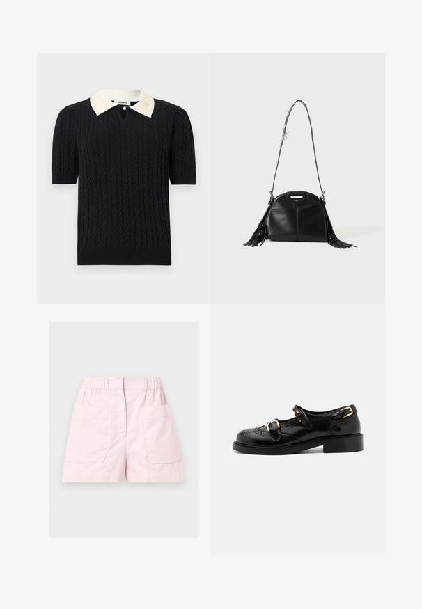 Haut noir en maille à manches courtes avec motif torsadé, doté d'un col pointu blanc orné de perles et d'une petite ouverture frontale avec bouton.; Shorts décontractés rose clair avec ceinture élastique, couture avant et deux grandes poches plaquées de chaque côté.; Chaussures en cuir noir avec détails de brogue, dotées de deux sangles à boucle, d'un bout arrondi et d'un talon bas. Texture lisse avec finition brillante.; Sac à main en cuir noir avec longue bandoulière, petite poignée supérieure et franges sur les deux côtés, présenté sur un fond uni.