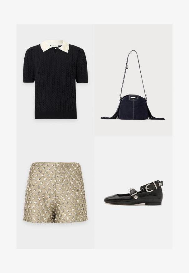 Haut noir en maille à manches courtes avec motif torsadé, doté d'un col pointu blanc orné de perles et d'une petite ouverture frontale avec bouton.; Shorts dorés présentant un motif en treillis diamant avec des ornements décoratifs de couleur argentée, un tissu lisse et une coupe ajustée.; Ballerine en cuir verni noir avec un bout carré, sangle de cheville avec des détails en métal argenté et semelle plate. Texture lisse avec un design minimaliste.; Sac à main en daim bleu foncé avec des coutures blanches, une poignée découpée, une bandoulière à motif et de longues franges des deux côtés.