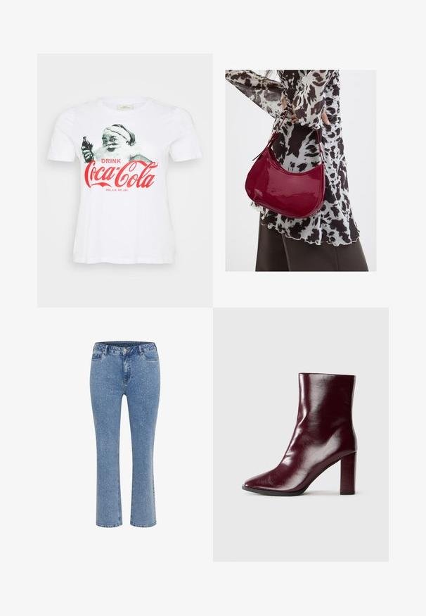 Witte katoenen T-shirt met een vintage Santa Claus-graphic die een Coca-Cola-fles vasthoudt, met rode tekst "DRINK Coca-Cola."; Lichtblauwe spijkerbroek met een rechte pijp, subtiel gespikkeld patroon, een knoopsluiting aan de voorkant en een standaard ontwerp met vijf zakken.; Blinkend donker bordeauxleren laars tot halverwege het kuit met een puntige neus en een hoge blokhak op een neutrale achtergrond.; Vrouw met een zwart-wit gebloemde blouse houdt een glanzende rode schoudertas vast tegen een effen achtergrond.