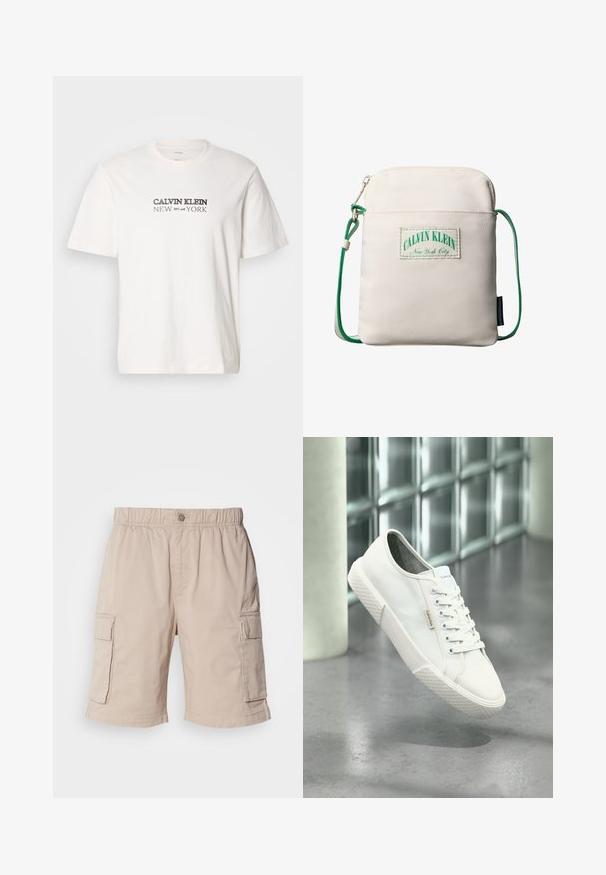 Camiseta blanca de algodón con mangas cortas, cuello redondo y la inscripción "CALVIN KLEIN NEW YORK" en gris oscuro en el pecho.; Pantalones cortos de carga beige con cintura elástica, cierre de botón, dos bolsillos laterales y bolsillos adicionales en los muslos. Tejido ligero.; Zapatilla baja blanca de Calvin Klein con cordones, suela de goma y etiqueta con el logo flotando sobre un suelo pulido gris cerca de una pared de bloques de vidrio.; Bolso pequeño beige de bandolera con correa ajustable de cuerda verde, un bolsillo frontal con cremallera y un parche con el logo de Calvin Klein New York City.