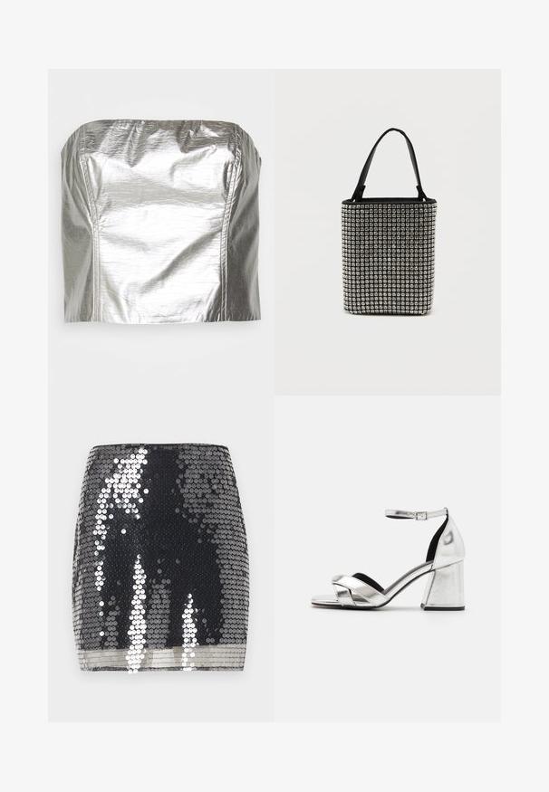 Gina Tricot TUBE - Μπλούζα - silver-coloured; Μαύρη μίνι φούστα καλυμμένη με γυαλιστερές ασημένιες παγιέτες που αντανακλούν το φως, με μια λεία, εφαρμοστή σιλουέτα.; Ασημένια μεταλλικά ψηλοτάκουνα σανδάλια με σχέδιο σταυροειδούς λουριού, λουρί στον αστράγαλο και τετράγωνη φτέρνα. Λείο επιφάνειο με μαύρη εσωτερική επένδυση.; Μαύρη τσάντα χειρός καλυμμένη με ορθογώνιες ασημένιες καρφίτσες, με δύο μαύρες χειρολαβές και δομημένο, ορθογώνιο σχήμα. Στερεή βάση.