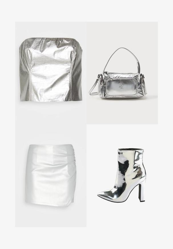 Gina Tricot TUBE - Top - silver-coloured; Even&Odd by Zalando Shorts - silver; Silberne Lackleder-Ankle Boots mit einer spitzen Spitze, dickem hohen Absatz und einem seitlichen Reißverschluss, der eine glatte, glänzende Textur aufweist.; Metallisches silbernes Handtasche mit rechteckiger Form, oberem Reißverschluss und Fronttasche. Verfügt über einen kurzen Griff und einen verstellbaren Riemen. Strukturierte Oberfläche.