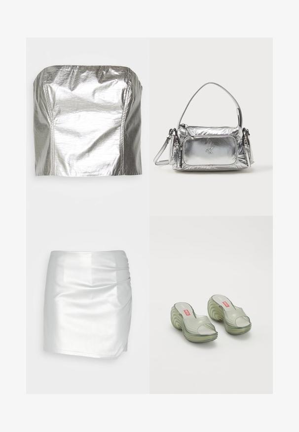 Gina Tricot TUBE - Topp - silver-coloured; Even&Odd by Zalando Lühikesed püksid - silver; Melissa MELISSA QUANTUM PLATFORM X DIESEL AD - Kummikingad - clear; Metallist hõbedane käekott, millel on ristküliku kuju, ülemine tõmblukk ja eesmine tasku. Omab lühikest käepidet ja reguleeritavat rihma. Struktuuriga viimistlus.