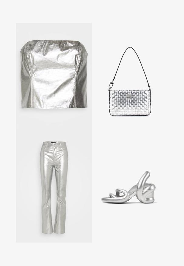 Gina Tricot TUBE - Top - silver-coloured; Gina Tricot TROUSERS - Pantalones - silver; Sandal de tacón alto plateado con un diseño escultórico, acabado metálico suave y un detalle único de correa retorcida en la parte frontal.; Bolso de mano tejido en plata con una correa negra para el hombro, que presenta un detalle de logotipo metálico triangular y una textura lisa y brillante.