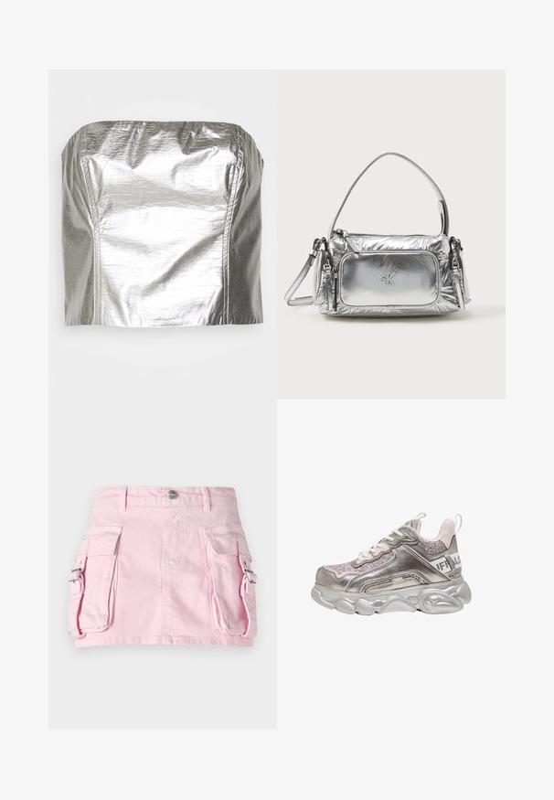 Gina Tricot TUBE - Topp - silver-coloured; Roosa teksaseelik kahe küljetaskuga, hõbedaste nööpidega sulgemine ja jäik disain. Sile tekstuur koos nähtavate õmbluse detailidega.; Robustne metallik hõbedane ja roosa vabaajajalats sädelevate paneelidega, valgete paelte, paksu vormitud tallaga ja kaubamärgiga kontsirihmaga.; Metallist hõbedane käekott, millel on ristküliku kuju, ülemine tõmblukk ja eesmine tasku. Omab lühikest käepidet ja reguleeritavat rihma. Struktuuriga viimistlus.