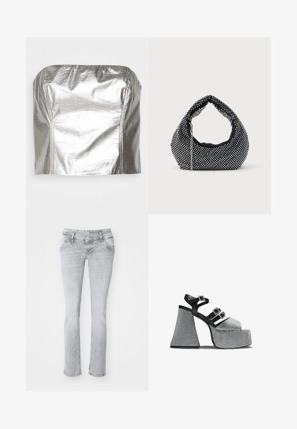 Gina Tricot TUBE - Top - silver-coloured; Sivé denimové džínsy so slim fit strihom, s dvojitým gombíkovým zapínaním, prednými vreckami a mierne rozstrapkaným lemom. Mäkkučká textúra, strih s rovnými nohavicami.; Čierne a strieborné platformové sandále s tromi remienkami so zirkónovými prackami a širokým, štruktúrovaným blokovým podpätkom.; Čierna sieťovaná kabelka zdobená striebornými nitmi, s obľúbenou rukoväťou a reťazovou popruhom. Mäkká textura s zaobleným tvarom.