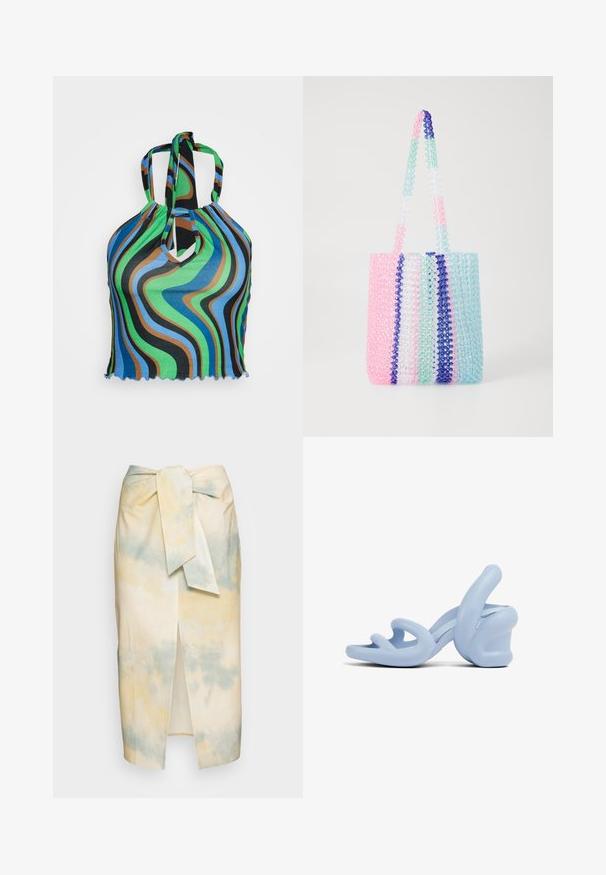 Neon & Nylon NEOLUCYWAVE HALTERNECK - T-shirt print - black; EDITED LISSY SKIRT - Kokerrok - mineral; Lichtblauwe haksandalen, gemaakt van glad rubber, met een sculpturaal ontwerp van golvende banden en een stevige hak.; Kleurvolle tas gemaakt van transparante kralen. Heeft strepen in roze, groen, blauw en wit. Twee stevige handvatten van kralen.
