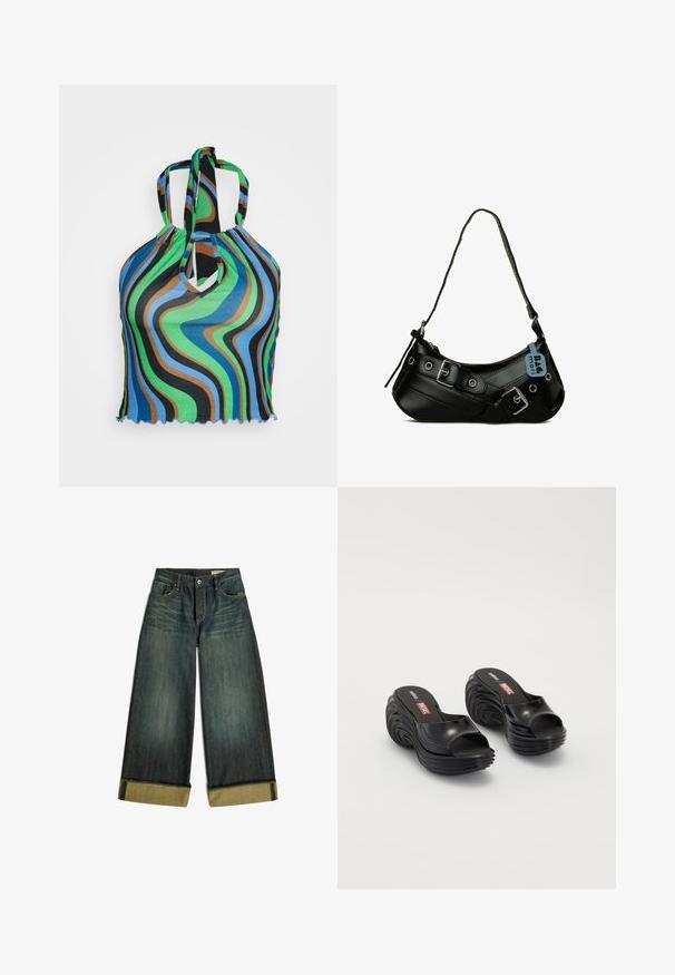 Neon & Nylon NEOLUCYWAVE HALTERNECK - T-shirt imprimé - black; Jean large en denim foncé avec ourlets retournés en tissu plus clair contrasté et poches avant sur fond blanc.; Melissa MELISSA QUANTUM PLATFORM X DIESEL AD - Sandales de bain - black; Sac à main synthétique noir avec une forme courbée, une bandoulière réglable et des boucles décoratives en métal. Présente une texture lisse et brillante.