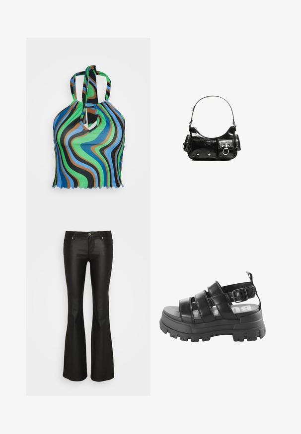 Neon & Nylon NEOLUCYWAVE HALTERNECK - T-shirt imprimé - black; ONLY ONLTIGER LOW WAISTED FLARED - Pantalon classique - black; Sandale à plateforme noire en cuir lisse, avec trois larges lanières, une fermeture à boucle et une semelle en caoutchouc texturé.; Sac à main en cuir verni noir avec une forme incurvée, une bandoulière, des poches avant et des accents en métal argenté.