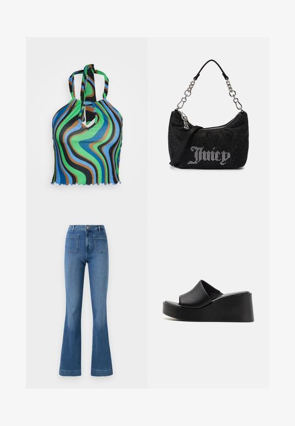 Neon & Nylon NEOLUCYWAVE HALTERNECK - T-shirt print - black; Gelaste blauwe spijkerbroeken van denim met een middellange taille, voorzien van twee achterzakken en een schone zoom. Soepele textuur en klassiek ontwerp.; Zwarte leren wedge slide sandalen met een glad bovenwerk en een platformhak, voorzien van een minimalistisch ontwerp en een licht gestructureerde afwerking.; Zwarte tas met rhinestone versieringen, een gebogen vorm en een zilveren kettinghandvat. Voorzien van een rits en het "Juicy" logo in het wit.