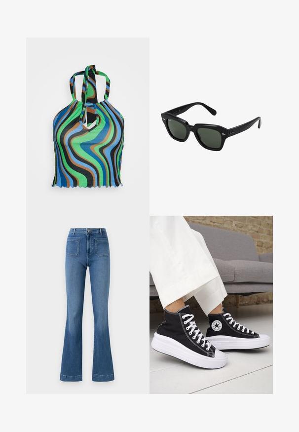 Neon & Nylon NEOLUCYWAVE HALTERNECK - Camiseta estampada - black; Jeans acampanados de color azul hechos de mezclilla con una cintura de altura media, que cuentan con dos bolsillos traseros y un dobladillo limpio. Textura suave y diseño clásico.; Zapatillas altas negras con suelas de goma blancas y cordones blancos. Presentan un parche redondo con logo y costuras blancas contrastantes. Material de lona.; Gafas de sol cuadradas negras con lentes verde oscuro, con montura audaz y acentos plateados en los laterales. Fabricadas en Italia.