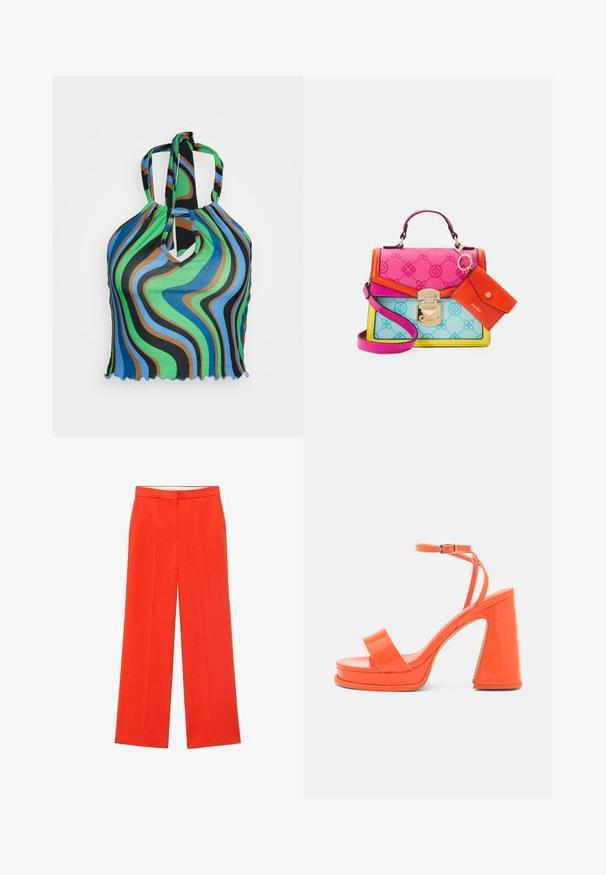 Neon & Nylon NEOLUCYWAVE HALTERNECK - Tričko s potlačou - black; Červené nohavice s širokými nohavicami a moderným strihom, s plochým predným dielom, dvoma bočnými vreckami a hladkou textúrou. Ideálne na formálne aj neformálne nosenie.; Call it Spring Sandále na vysokom opätku - bright orange; Viacfarebná kabelka s ružovými, modrými a žltými panelmi, so zlatými kovovými doplnkami a odnímateľným oranžovým puzdrom na karty. Textúrovaný povrch.