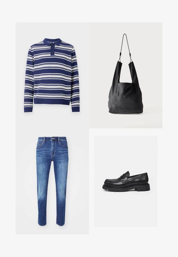 Gestreifter Pullover in Marineblau und Weiß, mit einem Kragen und drei Knöpfen, strukturiertem Strickmaterial und gerippten Bündchen.; Blaue Denim-Jeans mit geradem Schnitt, fünf Taschen-Design und klassischem Knopfverschluss. Merkmale sind dezente Ausbleichungen und gestickte Details.; Schwarzer Lederloafer mit dicker, profilierter Sohle und Pennyriemen-Detail, von der rechten Seitenansicht auf weißem Hintergrund gezeigt.; Schwarze weiche Stofftragetasche mit breiten Griffen und einem dünnen schwarz-weißen geflochtenen Schulterriemen.