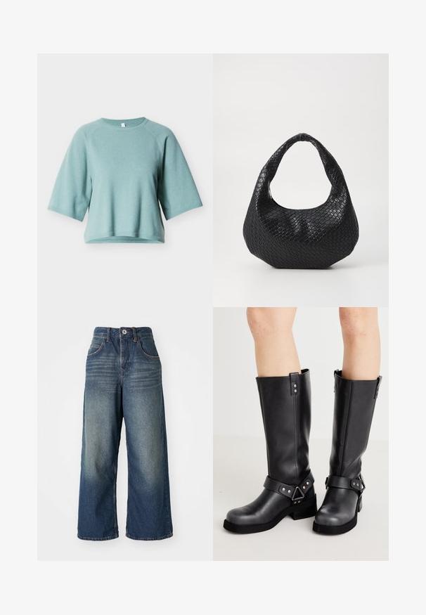 Hellgrüner Pullover mit kurzen Ärmeln aus weichem Stoff. Verfügt über einen Rundhalsausschnitt und gerippte Kanten für eine lockere Passform.; Weite Jeans mit mittlerem Blauton, ausgestattet mit Fronttaschen, einem Knopf- und Reißverschluss sowie dezenten Ausbleichungen an den Oberschenkeln.; Schwarze Lederstiefel bis zum Knie mit weiter Schaftweite, Riemenverzierungen, silbernen Beschlägen und flacher Sohle. Glatte Textur mit leichtem Glanz.; Schwarze gewebte Handtasche mit einem gebogenen Griff, die eine strukturierte Oberfläche und eine lässige Form hat. Glatte Oberfläche mit einer organischen Silhouette.