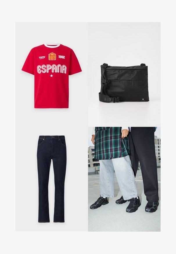 Punane lühikeste varrukatega T-särk valge kraega, millel on Hispaania vapp, "ESPANA", "1982", täht ja tekst "TOFFS Made in Great Britain".; Tumesinised sirged teksapüksid esitaskute, vööaasa ja nööpidega sulgumisega.; Mustad mustad jalanõud, millel on võrkkangast ja kummist aktsendid. Kannab heledat halli laiade jalgadega teksapükse ja ruudulist rohelisest topi. Lame pind taust.; Mustast nailonist kullerikott reguleeritava rihmaga, lame disain ja külgedel asuv logo sildiga. Sile tekstuur ja minimalistlik stiil.
