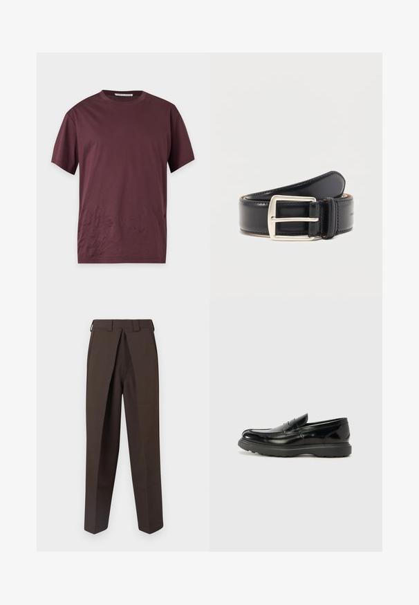 T-shirt med korte ærmer og rund hals i ensfarvet mørk burgunder, vist fladt mod en lys baggrund.; BLUEMARBLE WORK PANT - Bukser - brown; Sort læderloafer med en blank finish, rund tå, subtile syninger og en tyk gummisål for holdbarhed.; Sort læderbælte rullet sammen med et sølvrektangulært metalspænde og synlige syninger langs kanterne.