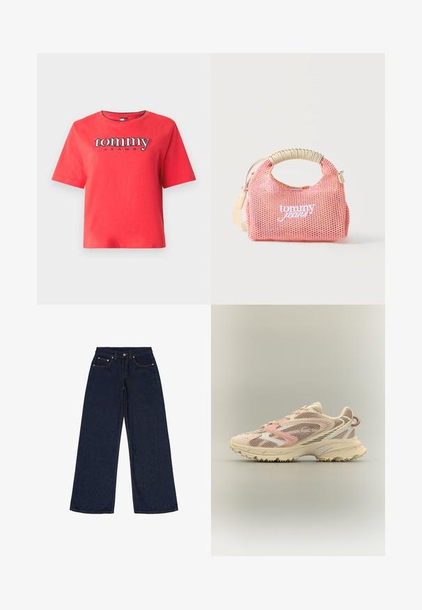 Rood T-shirt met korte mouwen en een "tommy JEANS" logo in wit en marineblauw, geborduurd op de borst, met een ronde halslijn.; Donkerblauwe wijde spijkerbroek van denim. Kenmerken zijn vijf zakken, riemlussen en contrasterende oranje lijnen. Geen patronen of versieringen.; Hardloopschoen met roze, beige en crèmekleurige mesh en synthetische overlays, chunky zool en een getextureerde buitenzool voor grip, zijaanzicht.; Roze mesh handtas met een beige omwikkelde handgreep, afneembare beige band en een witte "tommy jeans" logo gecentreerd aan de voorkant.