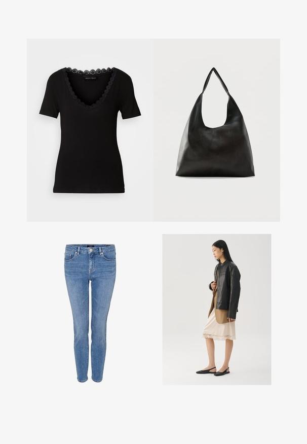 Schwarzes T-Shirt mit kurzen Ärmeln und V-Ausschnitt, versehen mit einem gewellten Spitzenbesatz am Ausschnitt, aus weichem Baumwollmaterial gefertigt.; Hellblaue, schmal geschnittene Jeans aus Denim mit vorderem Knopf, Reißverschluss und klassischem Fünf-Taschen-Design.; Schwarze Lederjacke über einem braunen Oberteil, kombiniert mit einem hellen cremefarbenen Slip-Kleid mit Spitzenbesatz und schwarzen Slingback-Schuhen.; Schwarze, glatte Leder-Schultertasche mit einem breiten, einzelnen Riemen und einem lässigen, minimalistischen Design vor einem einfarbigen Hintergrund.