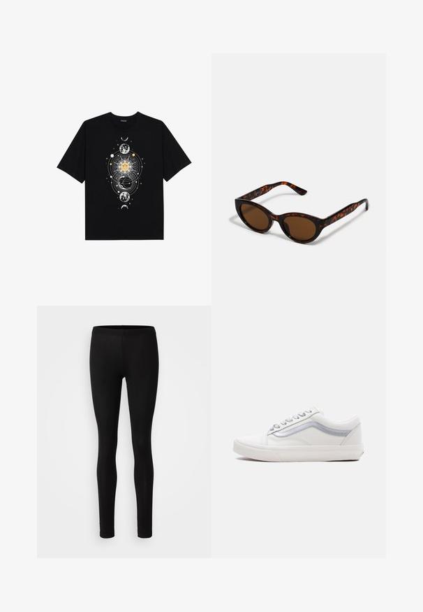 Schwarzes Baumwoll-T-Shirt mit einem zentralen, himmlischen Grafikdesign, das eine Sonne, Monde und Planeten in weißen und goldenen Akzenten zeigt. Kurze Ärmel.; Schwarze Leggings aus einem weichen, dehnbaren Material. Sie haben eine schlanke Passform mit einem elastischen Bund und einer glatten, matten Textur.; Weißer Sneaker mit niedrigem Schaft, silbernem Streifendetail, silbernen Schnürsenkeln und Gummisohle, seitlich auf schlichtem Hintergrund gezeigt.; Braune Schildpatt-Sonnenbrille mit einer Vintage-Cat-Eye-Form und braunen Gläsern. Verfügt über gebogene Bügel mit roten Akzenten.