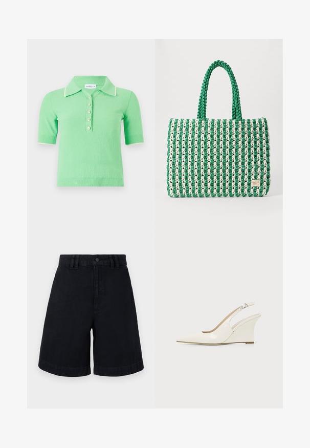 Pull polo à manches courtes, de couleur vert clair, en tissu texturé, avec un col blanc et cinq boutons décoratifs.; Shorts en denim noir à coupe droite, avec une fermeture à bouton, des passants de ceinture et des ourlets roulés. Texture lisse avec des détails de couture subtils.; Chaussure compensée blanche en cuir verni avec bout pointu et bride ajustable à boucle sur fond uni.; Sac fourre-tout tissé vert et blanc avec une forme rectangulaire structurée, une finition texturée et deux poignées solides. Présente une étiquette de logo sur le côté.