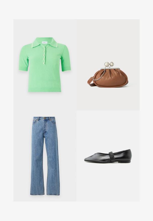 Korte mouw polo trui in lichtgroen met een gestructureerde stof, voorzien van een witte kraag en vijf decoratieve knopen.; Lichtblauwe hoge taille straight-leg jeans met een voorknoop, rits en vijf-pocket ontwerp op een effen witte achtergrond.; Zwarte leren platte schoen met een geplooide band over de bovenkant en een licht puntige neus, afgebeeld tegen een effen achtergrond.; Bruine leren clutch met een zilveren balsluiting en een klein zilveren kettingdetail op een witte achtergrond.