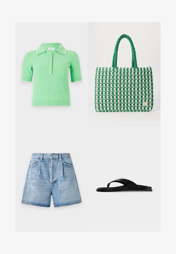Korte mouw polo trui in lichtgroen met een gestructureerde stof, voorzien van een witte kraag en vijf decoratieve knopen.; Lichtblauwe denim korte broek met een hoge taille, voorzien van een knoop- en ritssluiting, voorzakken en een ruwe zoom.; Zwarte platte sandaal met teenriem en brede band die de voet overspant, getoond vanuit een zijaanzicht op een effen achtergrond.; Groene en witte geweven tote bag met een gestructureerde rechthoekige vorm, textuur afwerking en twee stevige handvatten. Heeft een logo label aan de zijkant.