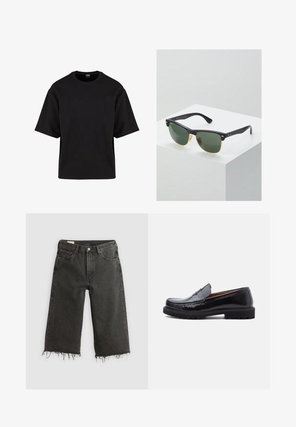 Urban Classics SCUBA TEE - T-shirts basic - black; Sorte jeans med rå kant og vid ben, lavet af denim, og med fem lommer samt metalknaplukning. Texturen er en smule grov.; Sorte læder penny loafer med chunky gummisål og moc toe syninger, vist i profil på en hvid baggrund.; Ray-Ban solbriller med grønne linser, sorte plastikstel og gyldne detaljer ved kanterne. Firkantet form med mat finish.