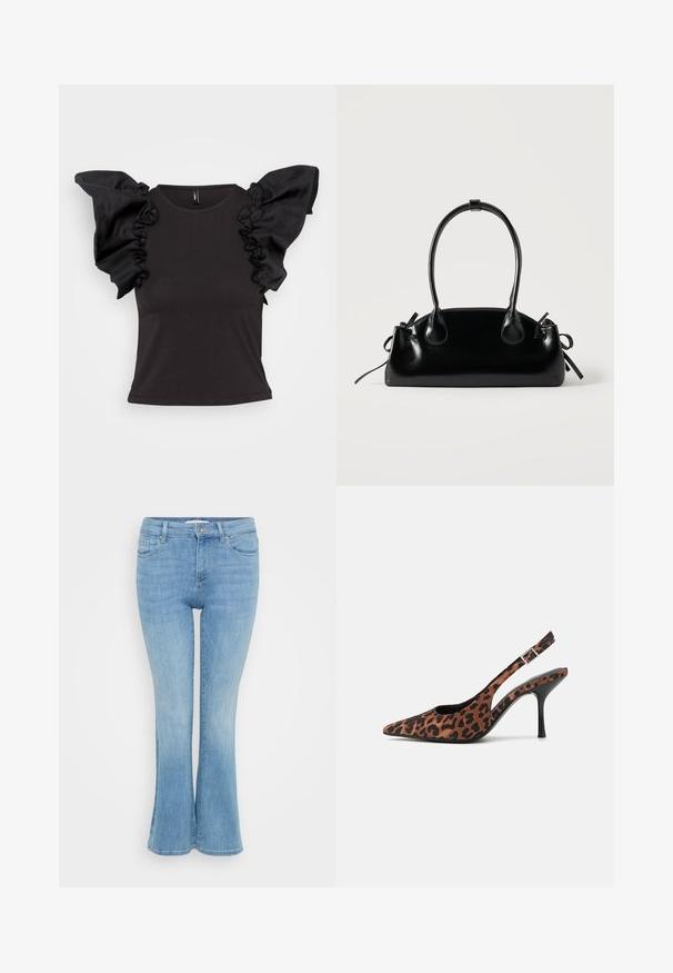 Sort kortærmet top med rynkede satin-skulderdetaljer og rund halsudskæring, lavet af et glat, strækbart materiale.; ONLY Petite ONLANN MID - Flared jeans - light blue denim; Slyngehæle med leopardmønster og spids tå, sort blank hæl og justerbar ankelrem. Blødt materiale med en tekstureret finish.; Lille sort blank håndtaske med to lange håndtag og snøre-detaljer i siden på en ensfarvet lys baggrund.