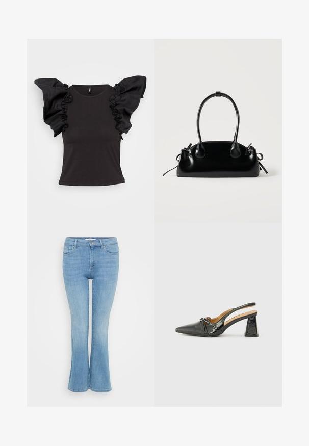 Schwarzes, kurzärmliges Top mit gerafften satinartigen Schulterakzenten und Rundhalsausschnitt, aus einem glatten, dehnbaren Material gefertigt.; ONLY Petite ONLANN MID - Flared Jeans - light blue denim; Schwarzer Lacklederslingback-Schuh mit spitzem Zeh, dreieckigem Absatz und dekorativem Riemen mit silbernen Akzenten. Glatte Textur.; Kleine schwarze glänzende Handtasche mit zwei langen Griffen und seitlichen Kordelzug-Details vor einfachem hellem Hintergrund.