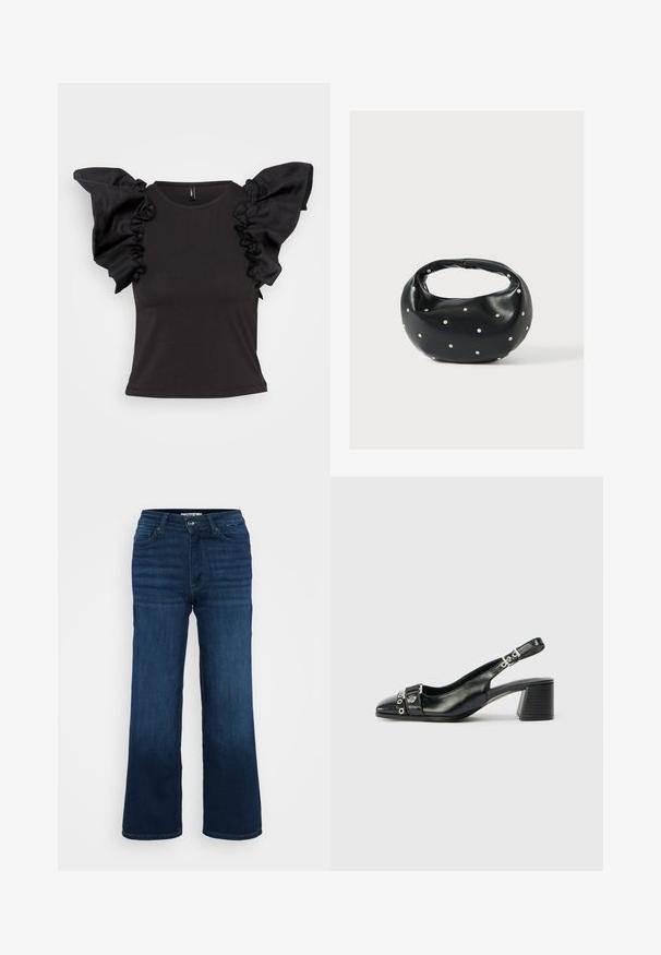 Must have lühikeste varrukatega must topp, millel on volangidega satiinist õlavarre aksessuaarid ja ümar kaelus, valmistatud sujuvast, venivast materjalist.; ONLY Petite ONLMADISON BLUSH WIDE - Wide leg - dark blue denim; Must musta slingi kontsaga, millel on terav nina, tekstuuriga rihm, millel on ümmargused metallaktsendid ja kihiline plokkkonts.; Mustast nahast ümmarguse kujuga käekott, kaunistatud hõbedaste naeladega, lühikese sangaga. Sile tekstuur ja tõmblukuga sulgemine.