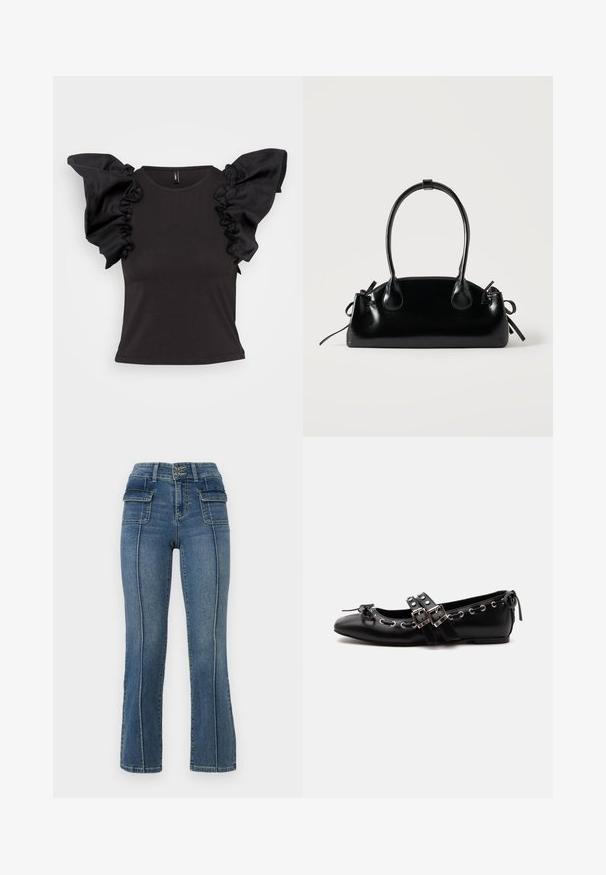 Schwarzes, kurzärmliges Top mit gerafften satinartigen Schulterakzenten und Rundhalsausschnitt, aus einem glatten, dehnbaren Material gefertigt.; ONLY Petite ONLWAUW MID WAIST FLARED - Flared Jeans - medium blue denim; Schwarzer flacher Ballettschuh mit doppelten Schnallenriemen, silbernen Ösen und einer kleinen Schleife nahe der abgerundeten Spitze auf weißem Hintergrund.; Kleine schwarze glänzende Handtasche mit zwei langen Griffen und seitlichen Kordelzug-Details vor einfachem hellem Hintergrund.