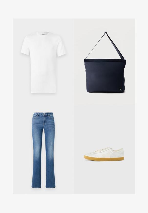 Hvid, kortærmet T-shirt med rund hals og et lille brandlabel inde i kraven, vist på en hvid baggrund.; ONLY ONLWAUW MID WAIST - Jeans Slim Fit - medium blue denim; Hvid lædersneaker med en glat tekstur, med en beige 'V'-logo, rund tå, snørelukning og en sål af gumgummi.; Navyblå rektangulær skuldertaske med justerbar sort strop og lille sort logopatch i nederste højre hjørne.