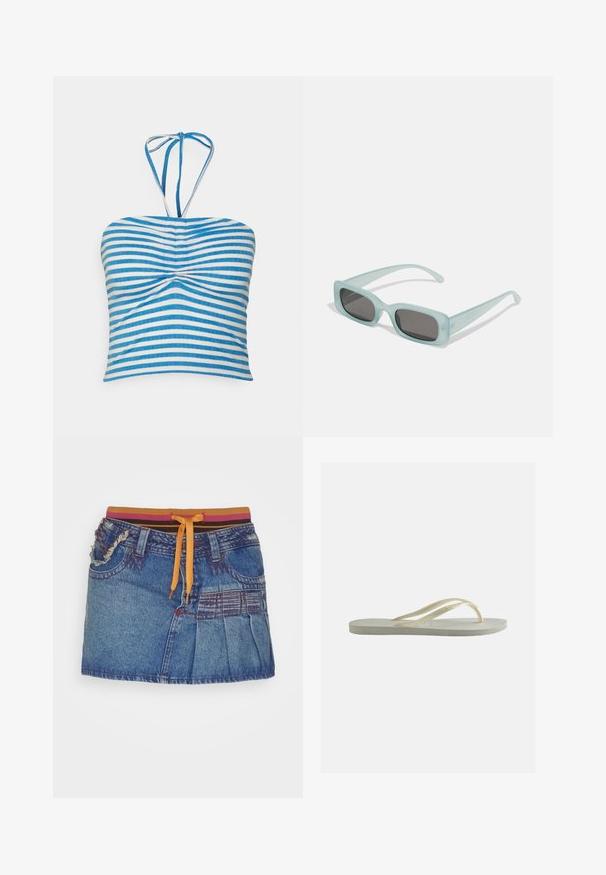 Pieces PCLAYA CROPPED TIE TUBE - Μπλούζα - bright white/ibiza blue; Jaded London PLEAT SIDE SKIRT WITH WAISTBAND - Φούστα σε γραμμή Α - denim in 00s wash; Μονό απαλό λευκό λαστιχένιο σαγιονάρι με λεπτούς ιμάντες και υφή στην πέλμα, εμφανιζόμενο από το πλάι σε απλό φόντο.; Ενα ζευγάρι ορθογώνια γυαλιά ηλίου με ανοιχτό μπλε ημιδιαφανείς σκελετούς και σκούρους γκρι φακούς, διαθέτοντας ίσιες βραχίονες και ελάχιστες λεπτομέρειες υλικών.