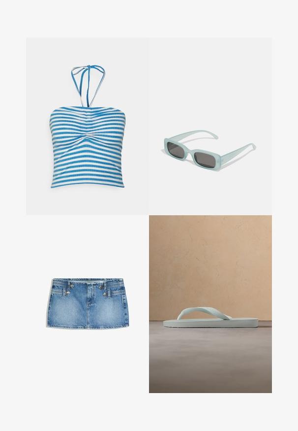 Pieces PCLAYA CROPPED TIE TUBE - Top - bright white/ibiza blue; Blå denim mininederdel med sidesøm knapper og vandrette syninger på en hvid baggrund.; Enkel lysebeige gummiflipflop med tekstureret fodseng og Y-formet rem mod en ensfarvet grå baggrund.; Et par rektangulære solbriller med lyseblå gennemsigtige stel og mørkegrå linser, der har lige templer og minimale hardware detaljer.