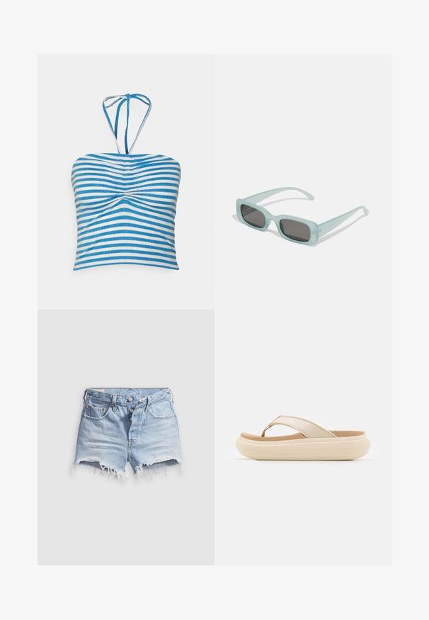 Pieces PCLAYA CROPPED TIE TUBE - Μπλούζα - bright white/ibiza blue; Ανοιχτό μπλε τζιν σορτς με ξεφτισμένα τελειώματα, πέντε τσέπες και κλείσιμο με κουμπιά. Η υφή είναι απαλή με ελαφρώς φθαρμένη εμφάνιση.; Μπεζ σανδάλι τύπου flip-flop με φαρδιά λωρίδα για τα δάχτυλα και χοντρή, στρογγυλή σόλα. Διαθέτει λεία επάνω επιφάνεια και αντίθετο καφέ πέλμα.; Ενα ζευγάρι ορθογώνια γυαλιά ηλίου με ανοιχτό μπλε ημιδιαφανείς σκελετούς και σκούρους γκρι φακούς, διαθέτοντας ίσιες βραχίονες και ελάχιστες λεπτομέρειες υλικών.