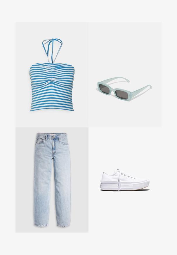 Pieces PCLAYA CROPPED TIE TUBE - Top - bright white/ibiza blue; Lichtblauwe spijkerbroek met hoge taille, losvallende pasvorm, rechte pijpen en een klassiek ontwerp met vijf zakken. Zichtbare vervaging en stikseldetails.; Witte lage canvas sneaker met dikke plateauzool, veters aan de voorkant en rubberen toeskap met structuur, zijaanzicht.; Een paar rechthoekige zonnebrillen met lichtblauwe doorzichtige monturen en donkergrijze glazen, met rechte pootjes en minimale hardwaredetails.