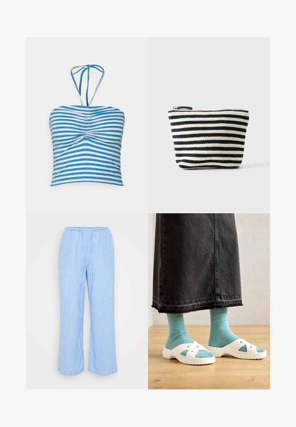 Pieces PCLAYA CROPPED TIE TUBE - Top - bright white/ibiza blue; Svetlomodré pruhované nohavice vyrobené z mäkkej tkaniny, s elastickým pásom, šnúrkou na sťahovanie a širokými, skrátenými nohavicami.; Biele sandále s vyrezávaným dizajnom, spárované s svetlomodrými ponožkami, nosené s čiernou džínsovou sukňou s rozstrapkaným lemom. Pozadie s drevenou podlahou.; Malé puzdro na zips s horizontálnymi čierno-bielymi pletenými pruhmi, plochým dnom a viditeľným ťaháčikom zipsu navrchu.