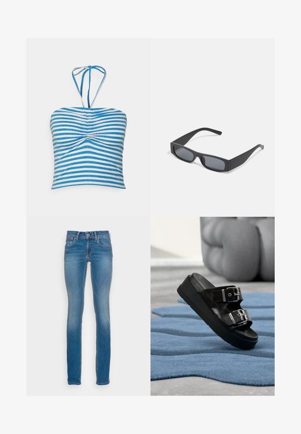 Pieces PCLAYA CROPPED TIE TUBE - Top - bright white/ibiza blue; Svetlomodré džíny s priliehavým strihom, piatimi vreckami a kontrastným oranžovým šitím, s uzatváraním na gombík a zips.; Čierna šľapka na platforme s dvoma striebornými prackami, položená na modrom kobereci s textúrou, v pozadí rozostrený béžový nábytok.; Čierne obdĺžnikové slnečné okuliare s tmavými sklami a hrubými matnými rámami. Ramena sú mierne zúžené s hladkým povrchom.