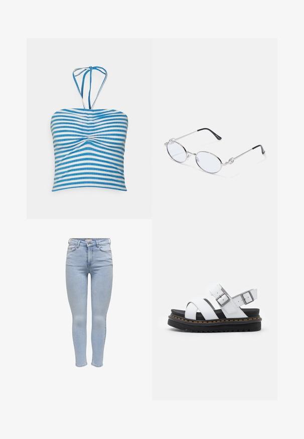Pieces PCLAYA CROPPED TIE TUBE - Topp - bright white/ibiza blue; Heledad sinised skinny teksad, mis on valmistatud denimist, viis taskut, tõmblukk ning sujuv tekstuur minimaalse kulumisega.; Valged nahast sandaalid, millel on reguleeritavad pandlad, must kihiline platvormpõhi ja oranž tikand äärtes.; Hõbedased ovaalsed prilliraamid selgete läätsedega, millel on dekoratiivsed külgaktsendid ja mustad otsad templites, et tagada paremat haardumist ja mugavust.