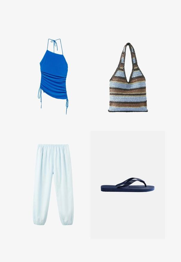Blauwe mouwloze haltertop met plooitjes en verstelbare koordjes aan de zijkanten en achterkant, asymmetrische zoom op een witte achtergrond.; Lichtblauwe broek met elastische taille en enkels, losse pasvorm, gemaakt van lichtgewicht stof.; Donkerblauwe rubberen teenslipper met een gestructureerde zool en een Y-vormige band op een effen lichte achtergrond.; Gehaakte draagtas met brede schouderbanden in horizontale strepen van bruin, lichtblauw, donkerbruin en beige.