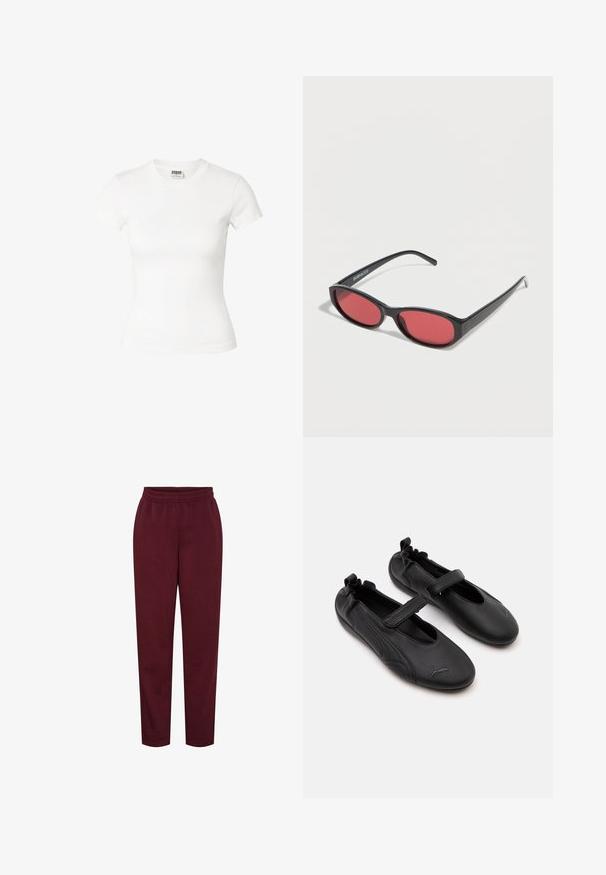 Getailleerd wit T-shirt met korte mouwen en ronde hals met Urban Classics-label aan de binnenkant van de hals.; Bordeaux sweatpants van zacht materiaal, met een elastische tailleband en taps toelopende pijpen. Geen zichtbare patronen of hardware-details.; Paar zwarte leren Mary Jane schoenen met elastische achterkant en klittenbandsluiting, met een subtiel Puma-logo op elke teen.; Zwarte ovale zonnebril met slanke pootjes en rood getinte glazen, rustend op een witte ondergrond.