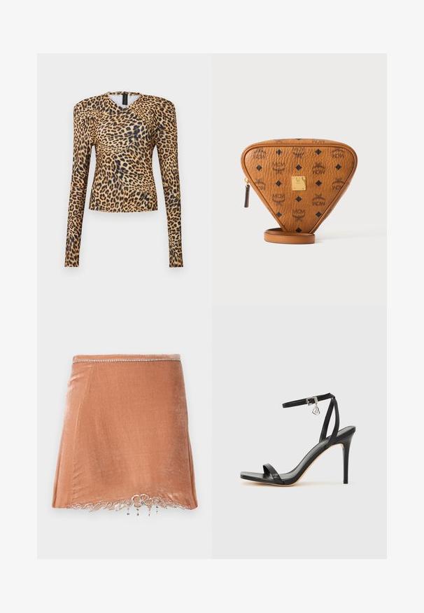 Langärmliges Oberteil mit Leopardenmuster aus glattem Material, verfügt über einen V-Ausschnitt und strukturierte Schultern, mit einer figurbetonten Silhouette und abgerundetem Saum.; Rabanne Minirock - pink; Schwarze High-Heel-Sandale mit schmalem Knöchelriemen, quadratischer Zehenbox, glattem Leder und metallischem Schnallenakzent.; Braune dreieckige Leder-Crossbody-Tasche mit schwarzen MCM-Logos, goldener Metallmarkenplakette und Reißverschlusszug auf weißem Hintergrund.