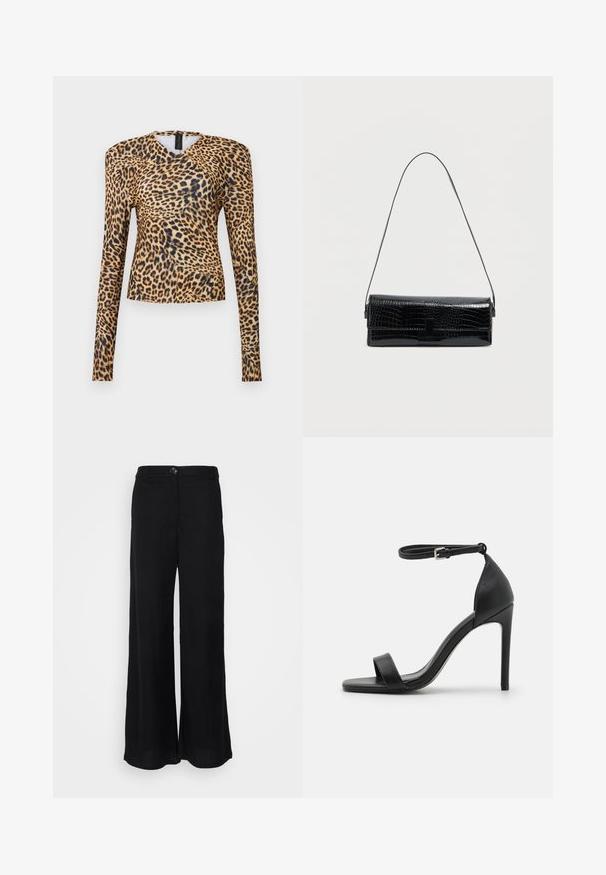 Langærmet top med leopardprint, lavet af glat materiale, har V-hals og strukturerede skuldre, med en tætsiddende silhuet og afrundet kant.; Sorte bukser med bred ben, lavet af letvægtsstof, der har en glat tekstur, frontknaplukning og sidelommer.; Sort højhælet sandal med et sleek design, der har en ankelrem, åben tå og glat lædertekstur.; Sort skuldertaske i kunstlæder med krokodillemønster, rektangulær form, blank tekstur, med en tynd justerbar rem og lukning med klap foran.
