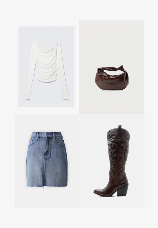 Hvid, langærmet, tætsiddende bluse med rynkedetaljer foran og en bred, draperet halsudskæring på en lys grå baggrund.; Denim mini skirt i falmet blå med en frynset kant, fem-lomme design og traditionel knaplukning. Cotton stof med let tekstur.; Høj mørkebrun læder cowboystøvle med syede dekorative mønstre, spids tå og stablet blokhæle.; Mørkebrun læder skuldertaske med en blød, afslappet form og et snoet knudehåndtag på en ensartet hvid baggrund.