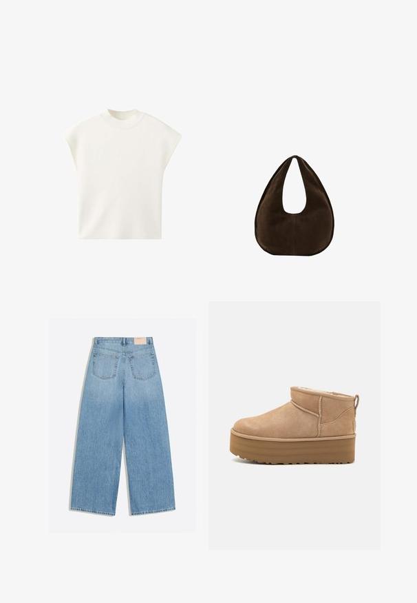 Ærmeløs hvid striktop med høj rund hals og løs pasform mod en ensfarvet hvid baggrund.; Lyseblå vidbenede jeans med to baglommer og et lille beige mærke på linningen.; Beige ruskinds ankelstøvler med et blødt indre, der har en platformssål og en strop bagpå for nem påtagning. Tekstureret gummisål.; Mørkebrun ruskind skuldertaske formet som en halvmåne med en bred rem og glat tekstur på en hvid baggrund.