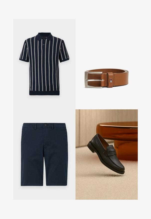 Marine-stribet polo-shirt lavet af ribbet stof, med lodrette hvide striber, en krave, to knapper og korte ærmer.; Marineblå shorts lavet af en blanding af bomuldsstof, med knaplukning, bæltesløjfer og lige kant med minimal detaljer.; Sort læder herreloafer med bånd tværs over toppen, vist på beige tæppe nær et brunt moderne rundt bord.; Brunt læderbælte med sølvfarvet rektangulært spænde og lille rektangulært logomærke med rød, hvid og sort design nær spænder.