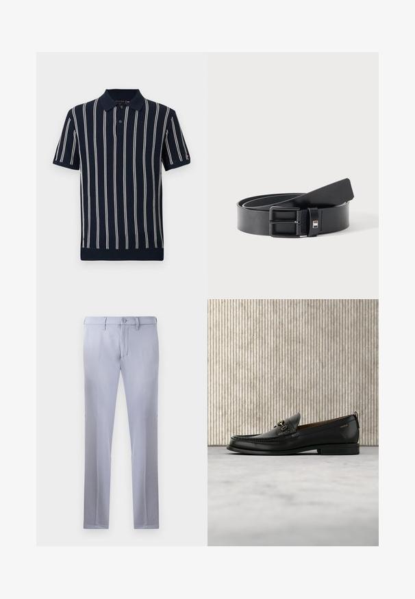 Marine-stribet polo-shirt lavet af ribbet stof, med lodrette hvide striber, en krave, to knapper og korte ærmer.; Lysegrå skræddersyede bukser lavet af glat stof, med knaplukning, bæltestropper og lige ben. Ingen synlige lommer.; Sort læderloafers med guldfarvet metaldekoration og "HUGO" branding, vist mod en beige tæppe og brunt gennemsigtigt møbel.; Sort læderbælte med mat sort metalspænde, let rullet med remmenes ende hvilende på en hvid overflade.