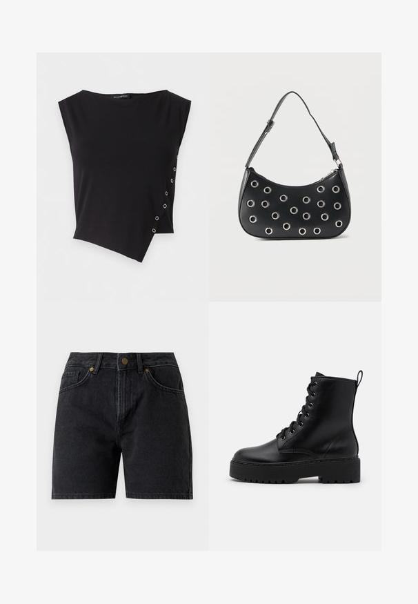Zwarte asymmetrische mouwloze top met zilveren oogjesdetails langs één zijde en een boothals.; Zwarte denim shorts met een knoop en rits aan de voorkant, riemlussen en twee voorzakken.; Zwarte leren enkelboot met een dikke, gestructureerde zool, ronde neus en metalen oogjes voor veters. Voorzien van een lus aan de achterkant.; Zwarte leren schoudertas met verstelbare riem, voorzien van zilveren metalen oogjes en een ritssluiting bovenaan.