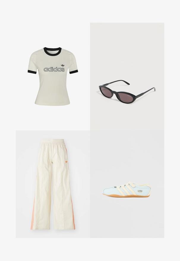 Haut tricoté blanc à manches courtes avec col et poignets côtelés noirs, avec texte Adidas noir et logo trèfle sur le devant.; Pantalons larges de couleur crème avec une taille élastique, présentant des rayures latérales orange et un petit logo orange à l'avant.; Baskets Adidas Tokyo bleu clair avec trois bandes beiges, sangles beiges et semelle en gomme sur un fond blanc uni.; Lunettes de soleil noires à monture œil de chat avec des verres foncés et le logo "Vogue" sur le verre et les branches, sur fond blanc.